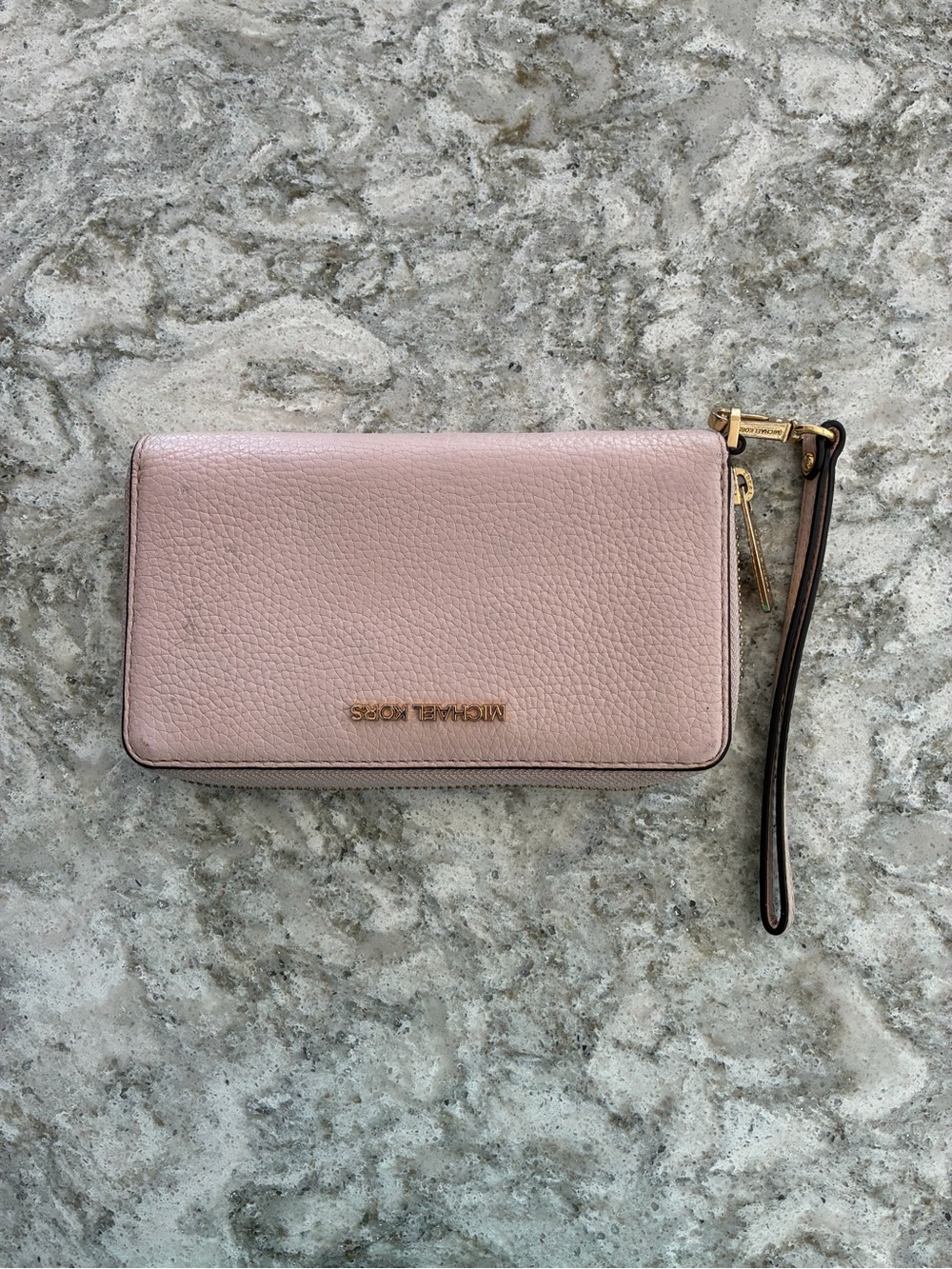 Michael Kors Pale Pink Pebbled
Leather Zip-Around Wallet with Gold Hardware